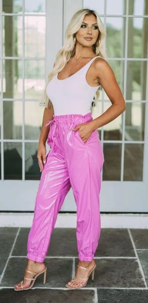 These Three Boutique Faux Leather Shiny Pink joggers thumbnail 5
