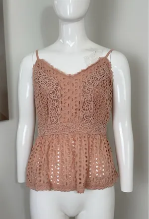 Japna Women’s Pink Floral Crochet Crop Top Boho Sleeveless Sweetheart Neck L thumbnail 1