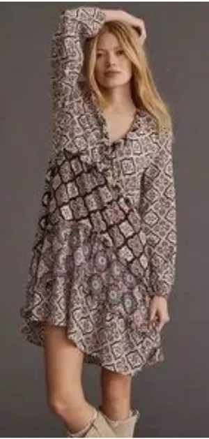 Anthropologie Dress Women's XS Multi Batik Print‎ Long Sleeve V Neck Tiered thumbnail 1