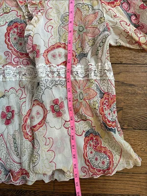 Piano Sheer Floral Paisley Tie Front Blouse Cream Coral Lace Trim Ruffle Size L thumbnail 8
