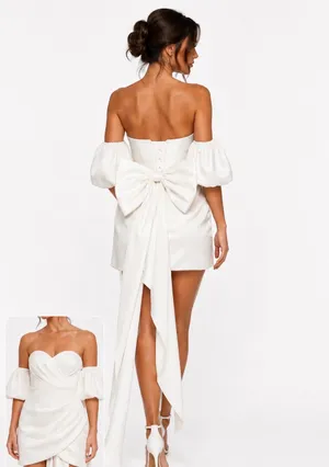 NWT Miss Veil Off-White Mini Dress Puff Sleeve Corset Bow Bridal thumbnail 2