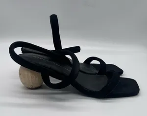 Internationally Black Strappy Sandals with Sculpted Wooden Heel thumbnail 1