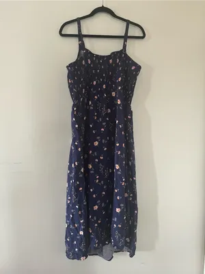 Old Navy Ditsy Floral Smocked Midi Dress XL Tall Navy Blue Pink Cottagecore Sundress thumbnail 6