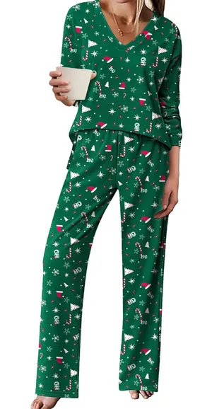 Ekouaer Pajama for Womens Set Polar Fleece Long Sleeve Lounge Sets Christmas thumbnail 1