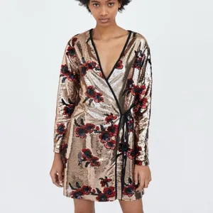 ZARA Gold with Red & Black Floral‎ Sequins Crossover Wrap Mini Dress Size XS thumbnail 3