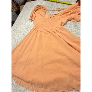 Davi & Dani Peach Smocked Square Neck Puff Sleeve Mini Dress Women's Size S thumbnail 5
