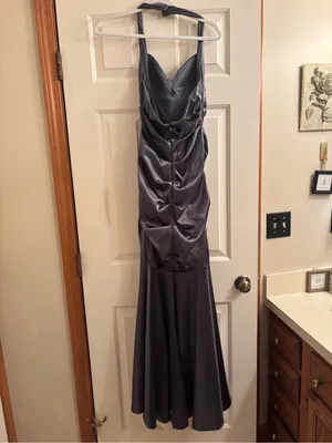 Blondie Nites Silver-Gray Ruched Satin Prom Gown thumbnail 4