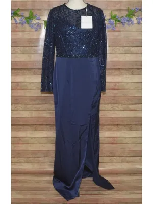 NWT Mac Duggal Size 10 Evening Gown Navy Embellished Thigh High Faux Wrap Formal thumbnail 3