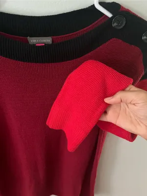 Vince Camuto Two-Tone Red Off-the-Shoulder Button Sweater thumbnail 5