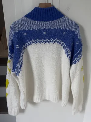 Free People Mythical Knit Sweater Printed Hearts Zip Blue Yellow Combo thumbnail 5