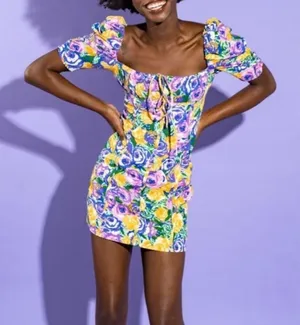 Zara Floral Puff Sleeve Mini Dress Purple Yellow Rose Print Sweetheart Neck XS thumbnail 1