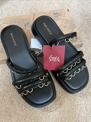 Free People Midas Touch Black Flatform Sandals with Gold Ring Trim thumbnail 1