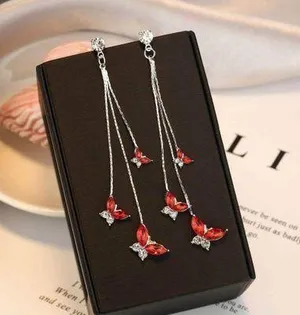 Women's Crystal Butterfly Long Tassel Dangle Drop Earrings thumbnail 1
