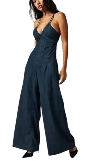Free People CRVY Soul Ties One-Piece Denim Jumpsuit In Blues Traveler Size L thumbnail 1