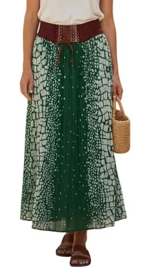 Magic Pleated Maxi Skirt Womens Medium Green Mosaic‎ Print Corset Waist Boho thumbnail 1