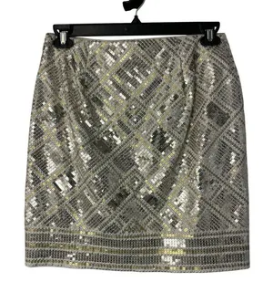 White House Black Market Metallic Sequin Diamond Skirt Womens 6 EUC Tan Gold thumbnail 1