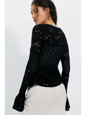 Free People Witchy Victorian Sheer Lace Flared Long Sleeve Top Black Small NWT thumbnail 2