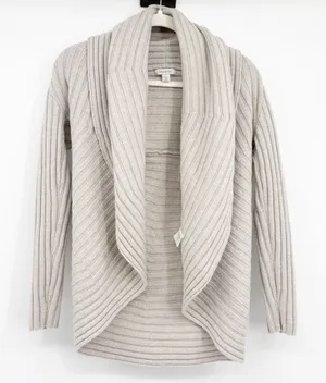Garnet‎ Hill Womens Merino Wool Ribbed Draped Open Front Cardigan S/M Oatmeal thumbnail 1