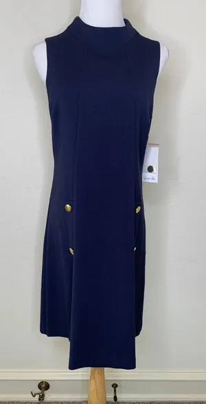 NWT Harper Rose Navy Blue Shift Dress Mod 60s Style Front Gold Buttons Sz 8 thumbnail 1
