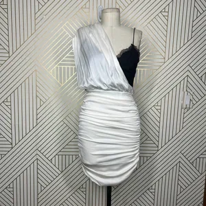 Alice + Olivia Bianca Mini Dress Ruched One-Shoulder‎ Silk White Black Size 6 thumbnail 3
