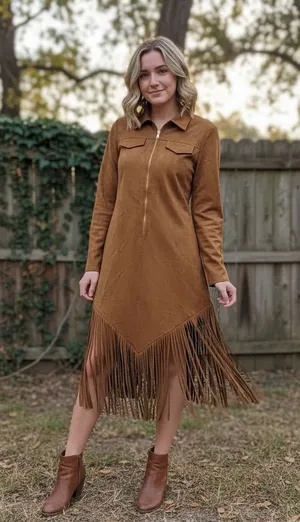 Womens Faux Suede Fringe Western Midi Dress Camel Brown Long Sleeve Size L thumbnail 1
