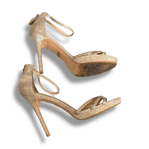 Badgley Mischka Gold Glitter Strappy Heels Ankle Strap Size‎ 9 Zip Back Bridal thumbnail 3