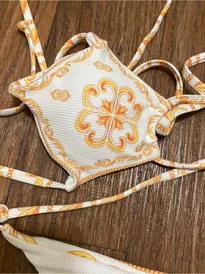 Zaful Juniors M Medium 2 Pc Bikini Swim Suit Baroque White Yellow Orange NWT New thumbnail 3