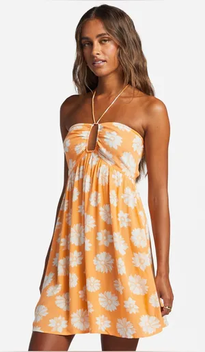 Billabong L Orange Floral Halter Keyhole Beach Mini Dress Resortwear Vacation thumbnail 1