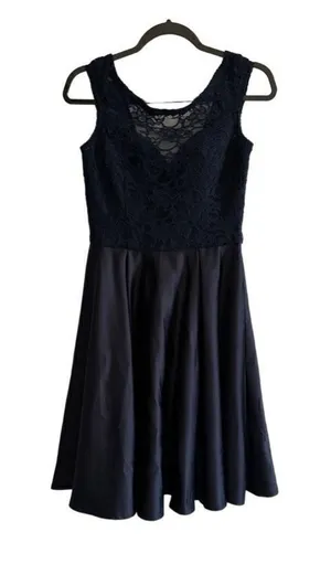 Morilee Madeline Lace and Satin Bridesmaid Dress with V-Back Navy Blue 8 thumbnail 1
