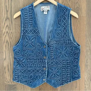 Anthropologie Vintage Embroidered Geometric Denim Western Sleeveless Vest Blue L thumbnail 1