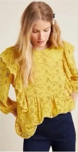 Anthropologie Mustard Yellow Eyelet Lace Ruffle Peplum‎ Blouse Top 6 Whimsical thumbnail 1