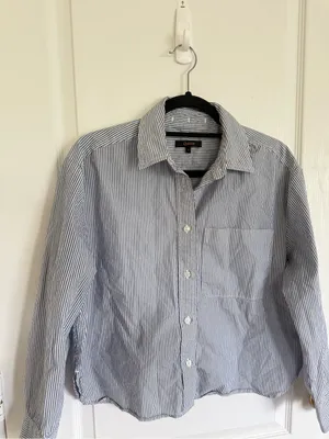 Quince Organic Cotton Poplin Cropped Long Sleeve in Light Blue Stripe thumbnail 3