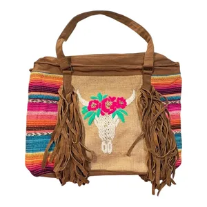 Tote Bag Womens Large Multi-Color Serape Western Boho Longhorn Fringe‎ Hippie thumbnail 3