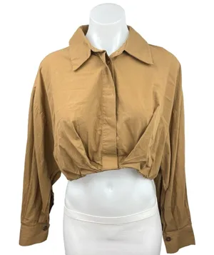 Zara Brown Collared Casual Long Sleeve Cropped Button Down Shirt Top Size M thumbnail 1
