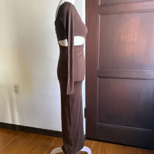 BAYSE | Brown RIbbed Cutout Midi Long Sleeve Dress | Small thumbnail 5