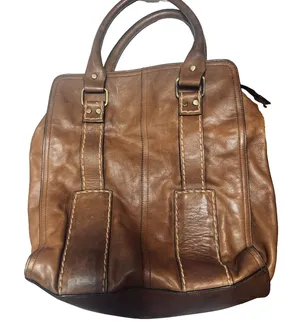 Kate Landry Brown Leather Tote Bag Whipstitch Zebra Print Western Boho thumbnail 1