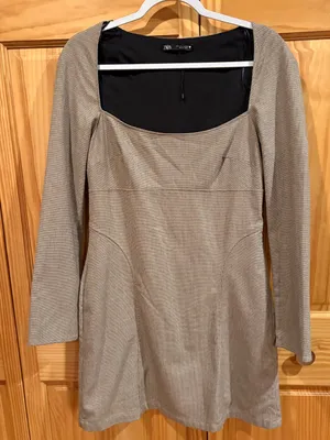 Zara Plaid Tailored Square Neck Long Sleeve Mini Dress woman’s L thumbnail 1