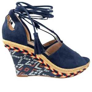 Cabi 6001 Women's US 6 Medium Navy Isla Wedge Ikat Suede Ankle Tie Sandals thumbnail 2