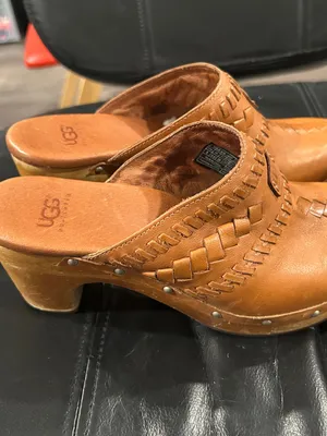 UGG Tan Woven Leather Clog Mules thumbnail 4