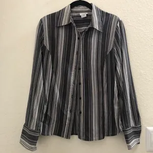 East 5th black grey white striped blouse button up down front office siren core Excellent, no noticeable flaws thumbnail 1