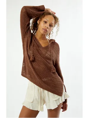 Roxy Hippie Love Open Knit Hooded Sweater Size L NWT (25” PTP) Mocha thumbnail 3