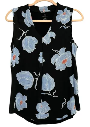 Worthington Sleeveless Blouse Small‎ Black Blue Floral V-Neck Work Office Top thumbnail 1