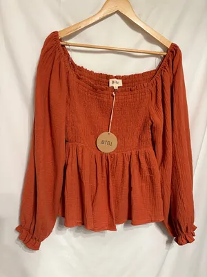 BiBi Rust Smocked Off-Shoulder Gauzy Cotton Peasant Blouse Coquette SZ L NWT thumbnail 1