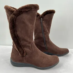 Bass FlexStep Loretta Chocolate Brown Faux Suede Fur Trim Tall Zip Boots Size 7 thumbnail 1