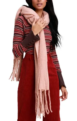 Free People Chunky Ribbed Fringe Scarf Pink Rose Oversized Knit Boho Cozy Winter thumbnail 1