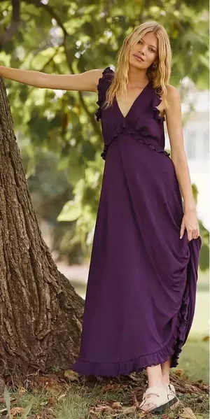Anthropologie Maxi Dress‎ Deep-V Ruffled Sleeveless Viscose Purple Size Medium thumbnail 1