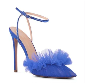 Like New! Andrea Wazen Blue Tulle Ruffle Ankle-Strap Stiletto Heels | Size 36.5 thumbnail 1