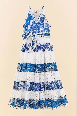 Farm Rio 100% cotton white blue tired maxi dress size xl thumbnail 1