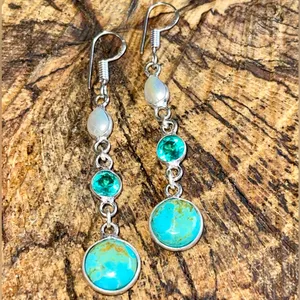 Stabilized Turquoise & Pearl Earrings 2 1/4” thumbnail 4