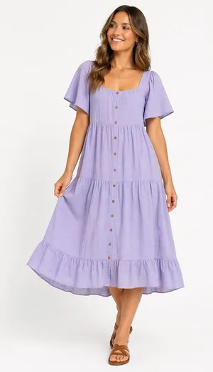 Umgee‎ USA Womens 1XL Periwinkle Blue Textured Tiered Button Front Midi Dress thumbnail 1